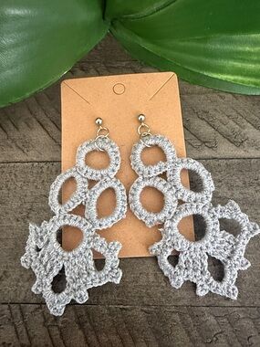 Grey Crochet Lace Drop Earrings - Handmade by Mom